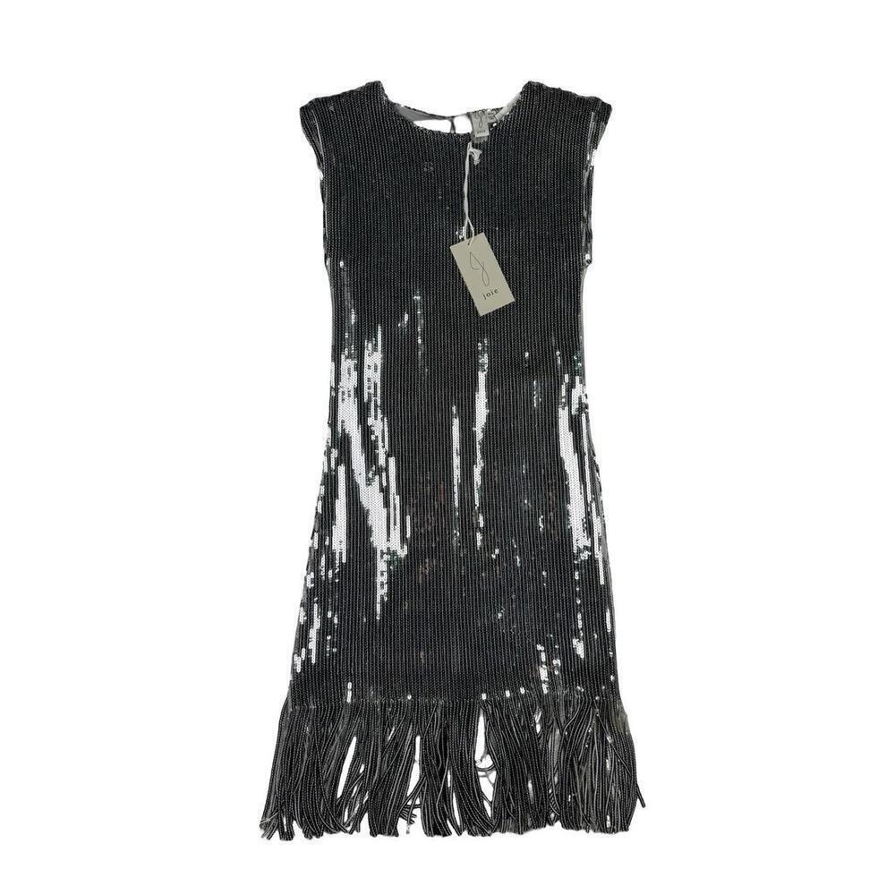 Joie Sequin Sheath Cocktail Dress Silver Tassel Size M